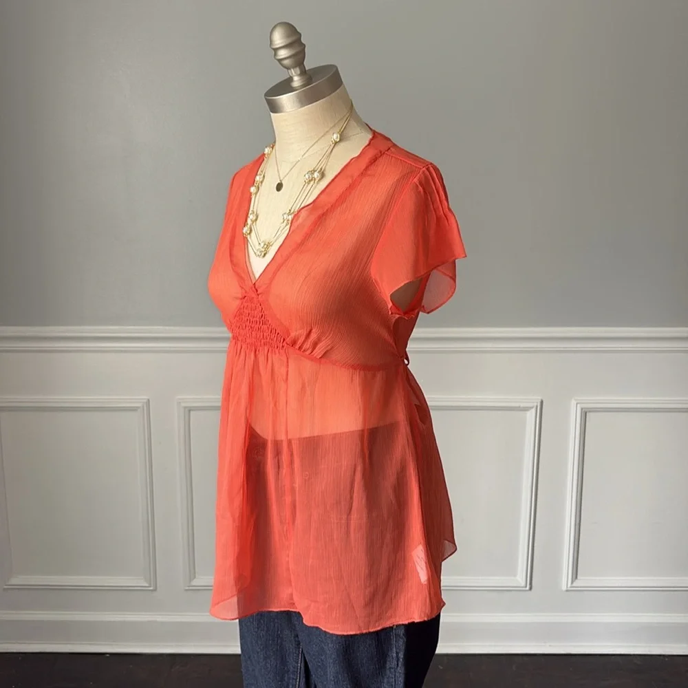 Mimi Maternity Chiffon Empire Waist Flutter Sleeve Blouse Coral Orange M NWOT